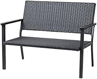 Helios&Hestia All Weather Patio Wicker Loveseat Chair with Arms Steel Outdoor Bench, Black