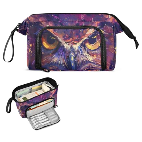 Image of Cool Owl Large Capacity Pencil Case Pen Bag Pencil Pouch, Kids Printed Pencil Case with Handle Canvas Zipper Pen Pouch for School Office College Ideal Start Graduation Gifts