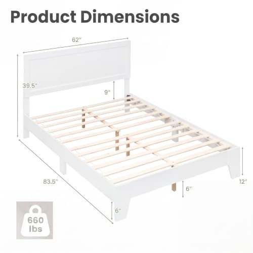 Image of GIANTEX Queen Size Wooden Bed Frame with Headboard, Wood Slat Support | Modern Platform Bed with Heavy Duty Mattress Foundation, Under-Bed Storage, No Box Spring Needed, Easy Assembly (White)