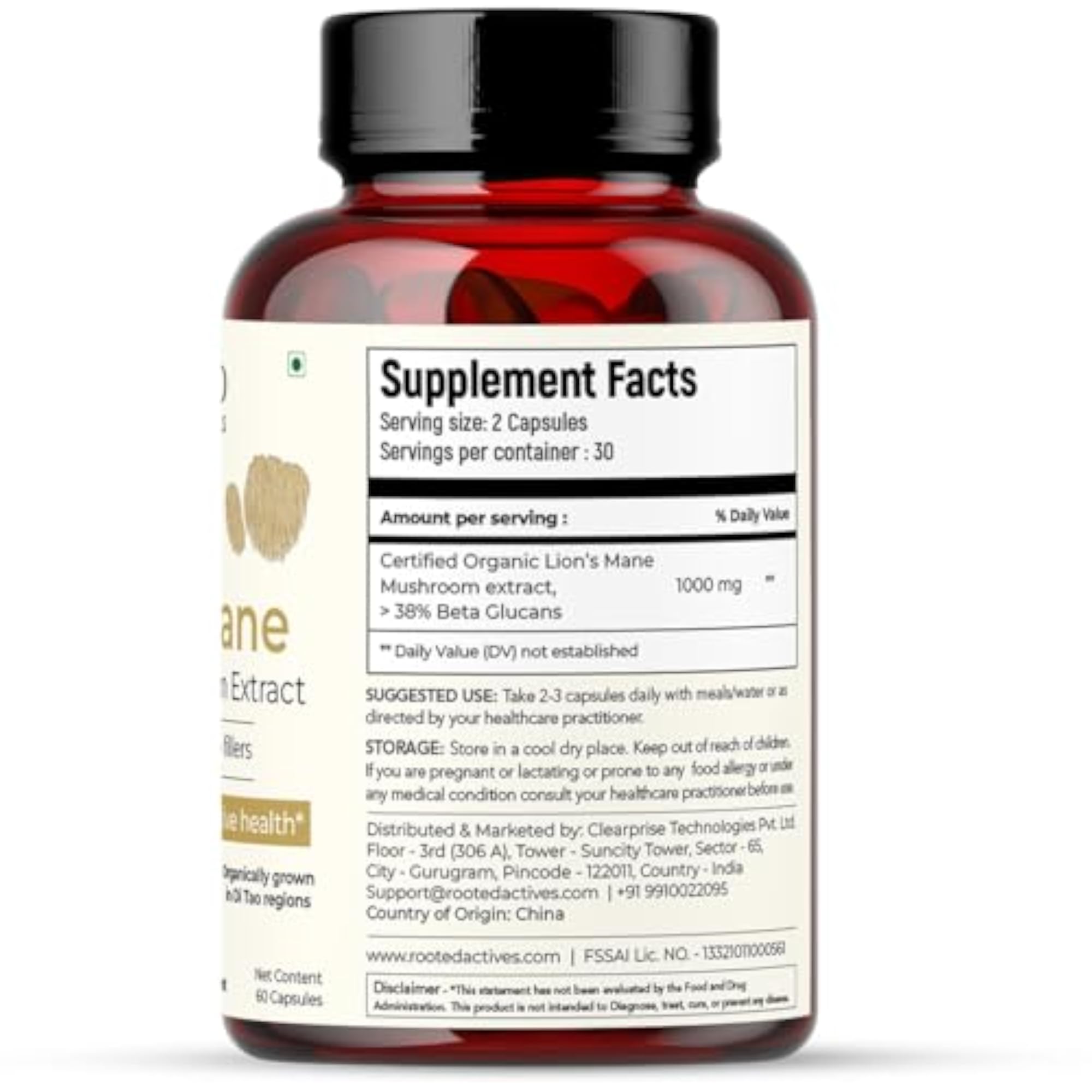 USDA Organic Lions Mane Mushroom Extract Capsules, 60 Count