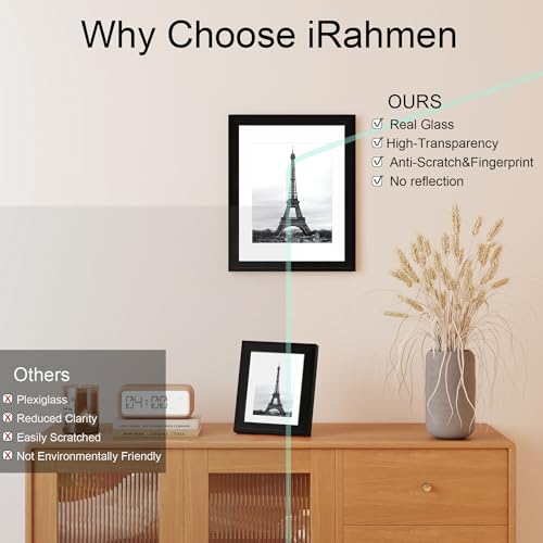 Image of iRahmen 8.5x11 Vintage Picture Frame - High Definition Real Glass Wooden Photo Frames for Tabletop Display and Wall Mounting (Black, Set of 4)