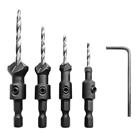 5 Pcs Countersink Drill Bits Set, Conical Hexagon Shank Woodworking Countersunk Bit Including 4 Pcs Conical Countersunk Drill, 1 Pcs Hex Shank Cover
