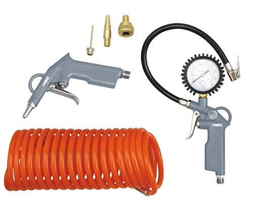 ABAC Kit de herramientas neumáticas de 6 piezas G-813 (Inflador de neumáticos con manómetro + pistola de aire + manguera en espiral + 3 puntas de inflado)