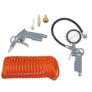 ABAC Kit de herramientas neumáticas de 6 piezas G-813 (Inflador de neumáticos con manómetro + pistola de aire + manguera en espiral + 3 puntas de inflado)