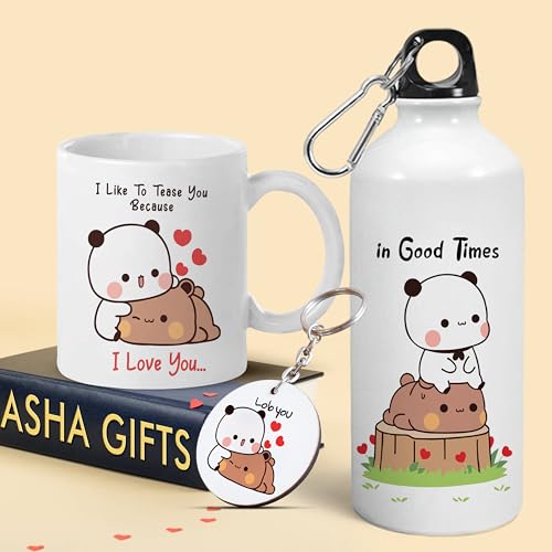 Image of Bubu Dudu Love Gift for Birthday /Anniversary Sipper Water Bottle 750 ML Aluminium with 320 ML Coffee Mug, Wooden Keychain Combo Pack MSK-V (Design-5)