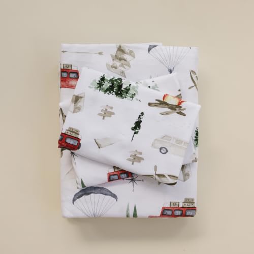 Image of Pobibaby Premium Twin Full Sheets Sets, Kids Double Bed Sheets in Cotton Blend | Ultra-Soft Woodland Camping Print with Fitted Sheet, Flat Sheet & Pillowcases (Full Explore)