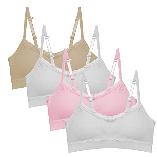 Popular Girls Training Bra Pack – Crop Cami Training Bras for Girls. Seamless Bra Removable Padding Lace Wht Nude Pnk L