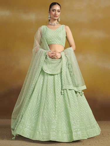 Image of Zeel Clothing Women's Sequins Thread Embroidered Georgette Lehenga Choli With Dupatta (5124-Women-Lehenga-Choli-New; Free size)