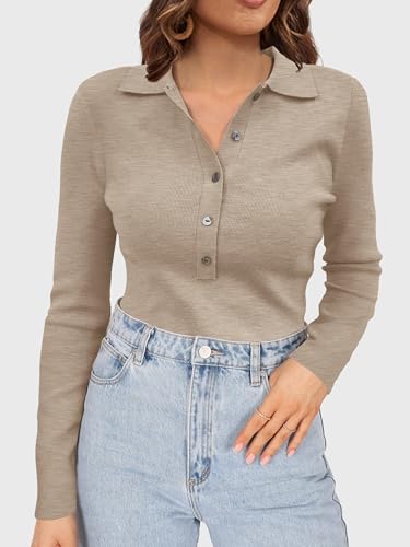 Camisetas de manga larga para mujer ajustadas básicas de punto elástico con cuello polo de botones 4