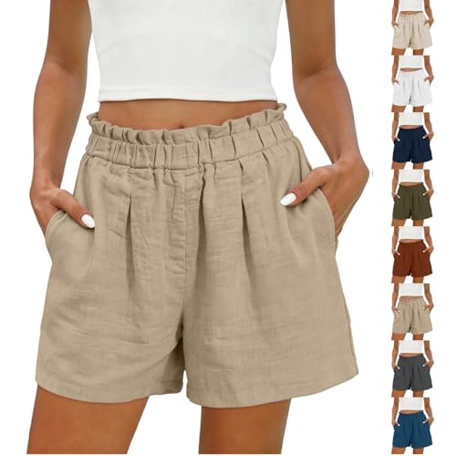 Olivcker Lightweight Linen Maternity Shorts,Linen Shorts for Women Cotton Elastic Waist Lightweight Short Summer Pleated Loose Wide Leg Beach Vacation Clothes Khaki