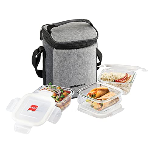 Cello Delighta Square Borosilicate Glass Lunch Box with Jacket, 320ml, Set of 3, Clear