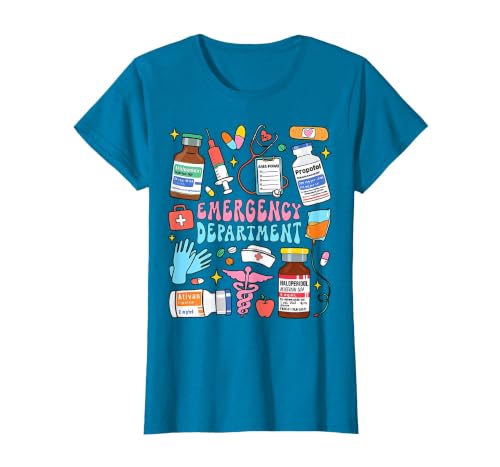 Retro Emergency Department Emergency Room ER ED Nurse Tech T-Shirt, Women, Sapphire Blue, Large