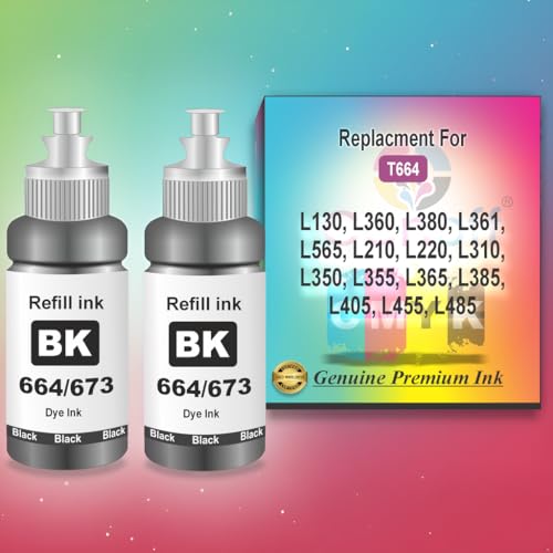 Image of CANOFF T664 Black Refill Ink Compatible for Epson L130, L360, L380, L361, L565, L210, L220, L310, L350, L355, L365, L385, L405, L455, L485 Printers (T664 Black 2pc.)