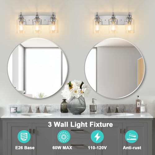 Image of 3-Light Bathroom Light Fixtures Modern Chrome Vanity Lights for Bathroom Lighting Fixtures Over Mirror for Cabinet Mirror Bedroom Hallway