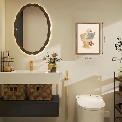 Image of Framed Duck Bathroom Wall Art, Whimsical Duck Reading on Toilet, Funny Kids Bathroom Wall Decor, Vintage Farmhouse Toilet Decor, Cute Animal Canvas Print for kids Room 12x16 inch