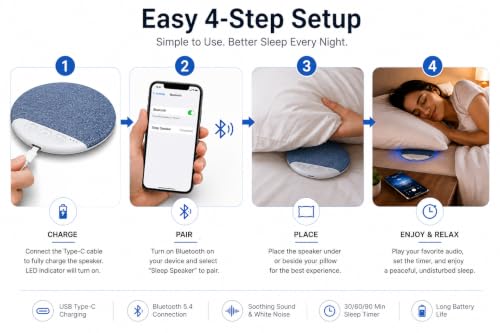 Image of Bluetooth Sleep Pillow Speaker with Soft Fabric Surface, Wireless White Noise Audio Speaker, USB Charging Port and Control Buttons for Bedside, Relaxation and Travel