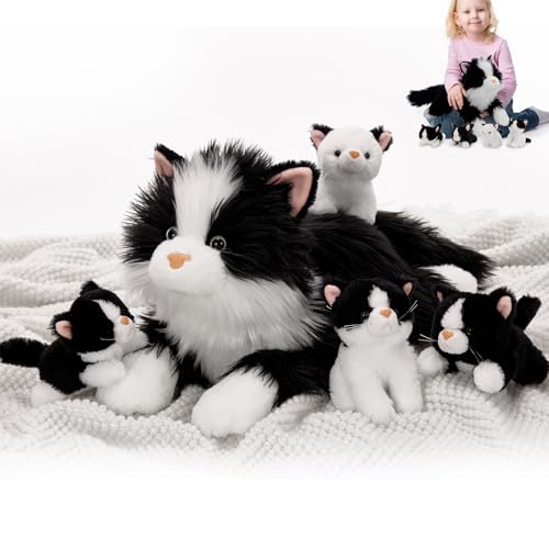 MorisMos Chat Peluche Géante XXL 50 cm avec Bébés dans Le Ventre, Grande Chats en Peluche Réaliste Douce Mignon, Idée Cadeau pour Enfant Filles Garçons Anniversaire Décorations Noël