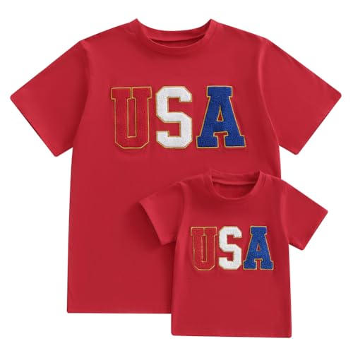 4TH of July Mommy and Me Matching Shirt Outfit Short Sleeve USA Embroidery Patriotic Independence Day T-Shirt Top
