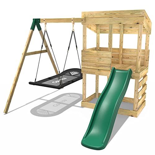 Rebo® Wooden Lookout Tower Playhouse with 6ft Slide and Swings - Cascades | OutdoorToys | Large Boat Swing - Perfect for Gardens - Pressure Treated Timber