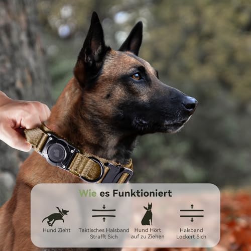 JIARUI Taktisches Hundehalsband mit Griff, Wasserdichter Airtag Hundehalsband, Dickes Verstellbares Halsband Hund mit Gepolstert, Metallschnalle für Mittlere Große Hunde (Khaki, L(18'-23'))