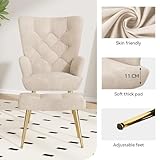 Hawthyhome Eleganter Sessel polsterstuhl Ohnzimmer Sessel Schminktisch Stuhl mit Hocker mit Metall Beinen fürs Wohnzimmer/Schlafzimmer Bis 150 KG belastbar Beige