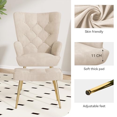 Hawthyhome Eleganter Sessel polsterstuhl Ohnzimmer Sessel Schminktisch Stuhl mit Hocker mit Metall Beinen fürs Wohnzimmer/Schlafzimmer Bis 150 KG belastbar Beige