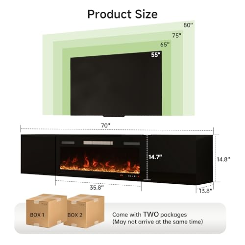 Winlice 70" Electric Fireplace TV Stand,36" LED Fire with Storage Cabinets, High Gloss Wall Mounted Media Unit - Image 2
