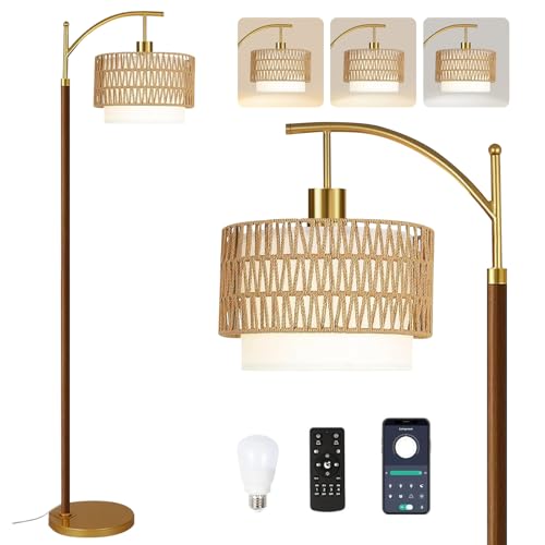 Image of ZECOXOL Boho Floor Lamps for Living Room Rattan Floor lamp with Remote Control & 3 Color Temperatures,Vintage Wood Mid Century Modern Standing Lamp Dimmable Tall Floor Lamp for Bedroom Corner