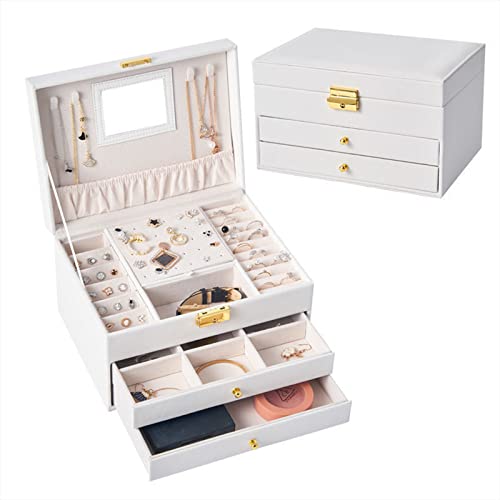 Gimly Jewellery Box For Women,Jewelry Box With Lock Mirror And 3 Detachable Drawers, Mirrored Jewellery BoxFor Earrings, Rings, Necklaces, Bracelets White,Green,White