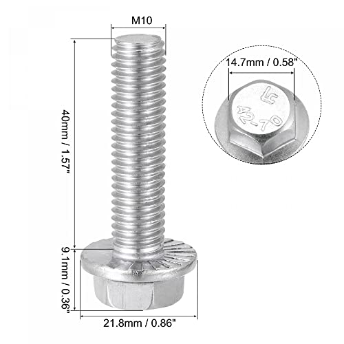 Image of uxcell M10x40mm Hex Serrated Flange Bolts Screws Metric Thread 304 Stainless Steel 6pcs