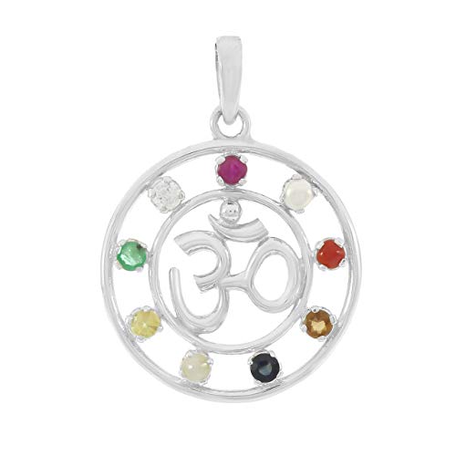 Pendentif Om argent 925 et pierres Navratna, le cadeau spirituel idéal