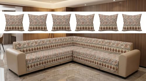 Image of Luxury Sofa Cover L Shape 6 Seater with Matching Cushion Cover 16x16 inch - Ivory Moroccan Hexagon 3+3 Seater (6 Seater) Quilted Sofa Cover Set Pack of 11, Washable, Ivory Rust