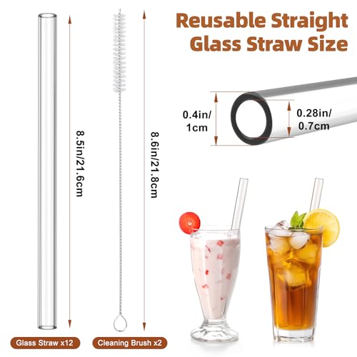 Antner 12 Pack Reusable Glass Straw, 8.5" x 10MM Straight Clear Glass Drinking Straws for Hot & Cold Drinks, 2 Cleaning Brushes Included