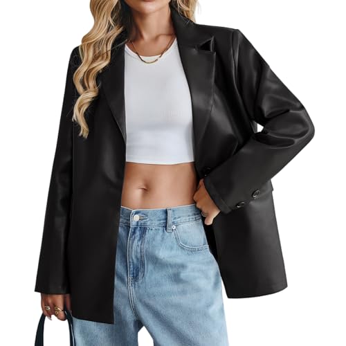 KateModa Women's Faux Leather Blazer Oversized Bomber Winter Coat Motocycle Button Down Fall Jackets with Pockets Black Medium