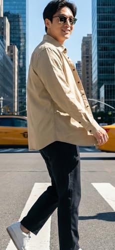 Image of Men's Long Sleeve Dress Shirt,Light Beige, Button Down, Chest Pocket, Casual Formal Wear