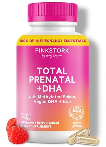 Pink Stork Total Prenatal Vitamins with DHA, Folate, Iron, Choline, and Vitamin B12 - Prenatals for Women to Support Fetal Development, Pregnancy Essentials, Berry Essence, 60 Capsules, 1 Month Supply