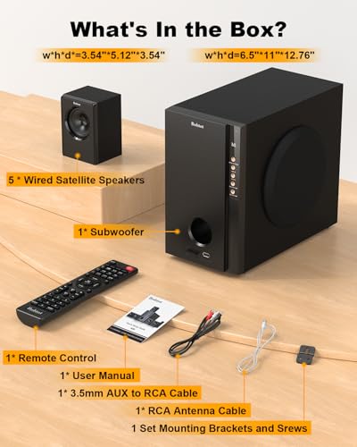 Bobtot Home Theater Systems with 5.25 inch Subwoofer, 5.1 Wired Satellite Surround Sound Speakers, 600 Watts Peak Power Deep Bass Audio Stereo System with FM Radio Bluetooth AUX DVD USB SD Input - Image 7