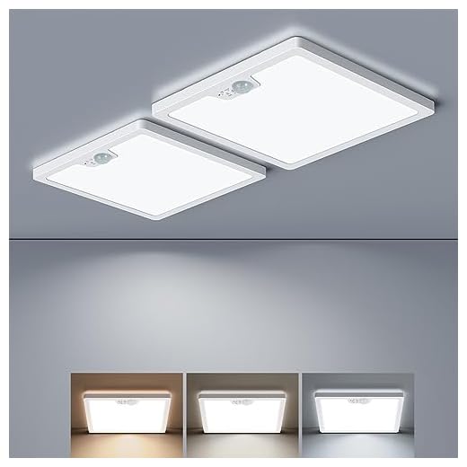 Annaror 2 Pack Wired Motion Sensor LED Ceiling Light, 18W 1800LM Flush Mount Lighting Fixture 3 CCT, 3 Timer, 8.7 inch Square Motion Ceiling Light for Closet Stair Porch Hallway