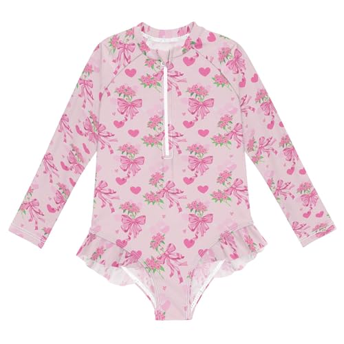 Pink Bows Flowers Girls Long Sleeve Rashguard Swimsuit UV Protection One-Piece Swimwear Bathing Suit B0405117