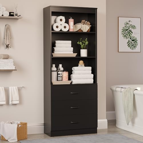 Image of 70 inch H Black Bookshelf with Drawers, Tall Bookcase with 3-Tier Open Shelves, Bookshelf and Bookcase with Storage Cabinet for Home Office,Living Room(Black,6-Tier)