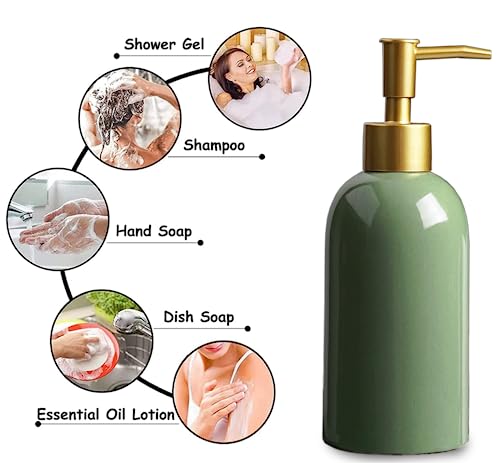 Feesok Ceramic Soap Dispenser Green With Gold Pump,Simple Design Cylindrical Lotion Dispenser Bottle,Refillable Liquid Hand Soap Dispenser For Kitchen,Bathroom,Washroom thumb #4