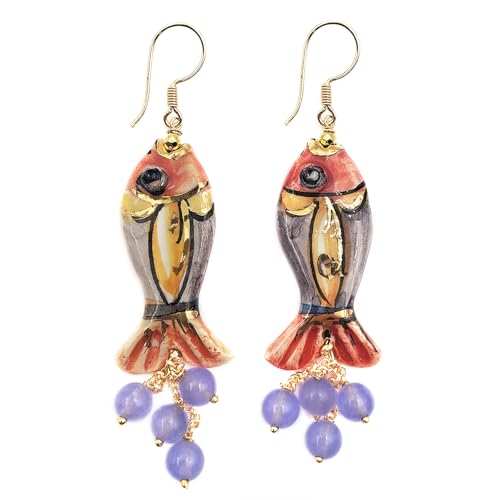 MARARDI Pendientes Mujer Italianos Cerámica de Caltagirone [Pesce Lilla] Largos Handmade Joyería Italiana Originales Elegantes para Diario Bodas Eventos Ocasiones Especiales