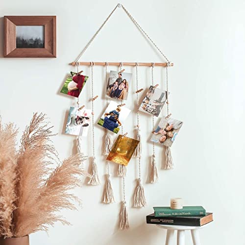 Image of ecofynd Cotton Photo Display Wall Hanging Picture Organizer, Boho Aesthetic Home Decor with 20 Wooden Clips, Bohemian Frame for Bedroom Living Room Decorative Items (BH006)