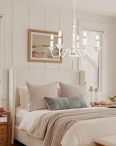 Elyona French Country Chandelier, 21" Farmhouse Wood Chandelier, 5-Light Rustic Candle Pendant Light Fixtures For Dining Room,Living Room,Kitchen,Bedroom, Led Bulb Included, Handmade Distressed White #TOP5
