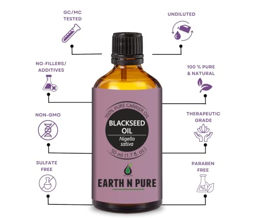 Image of Earth N Pure Black Seed (Kalonji Oil) | 100% Pure & Natural | Cold Pressed Nigella Sativa Oil | Hair, Scalp, Skin & Beard Care | Vegan & Cruelty-Free | 50ml
