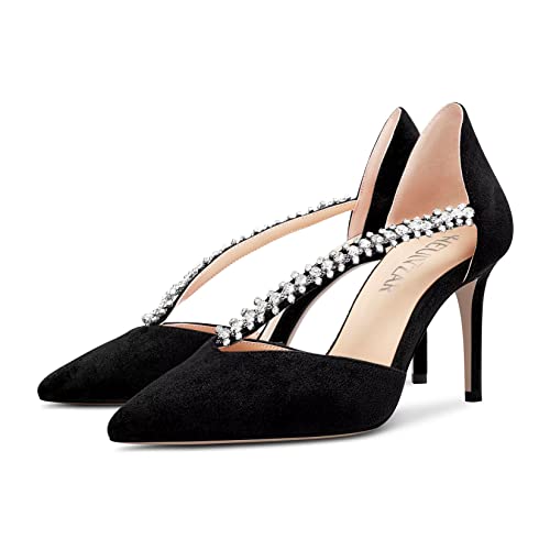 HEUIVZAR Women Mid Heel Pointed Toe Pumps Slip-on Rhinestone Crystal Wedding Prom Cute 3.2 Inches Heels4