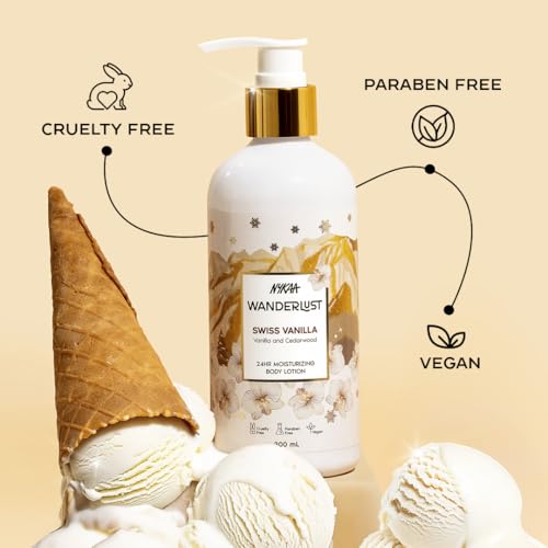 Image of Nykaa Wanderlust Swiss Vanilla Body Lotion, Long-Lasting Vanilla & Cedarwood Fragrance, Intense Hydration, Vegan, Paraben-Free, 24Hr Moisture, 300ml