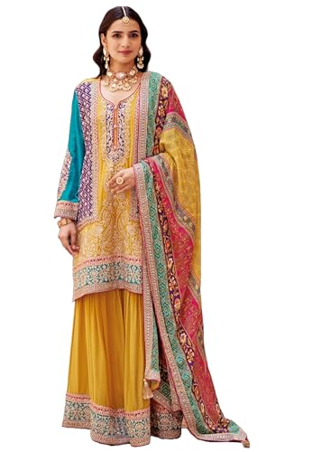 Costume brodé Sharara 11145 pour femme en tissu chinon épais tenue traditionnelle de fête