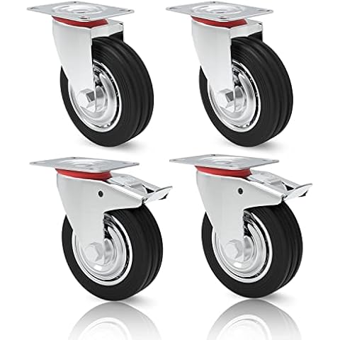 Schwerlastrollen Transportrollen Set Lenkrollen mit Bremse 75mm Laufrollen bis 50 KG pro Rolle 360° Grad drehbar schwarz Industrierollen für Werkbank Werkzeugwagen Paletten Möbelrollen Gummi Cover