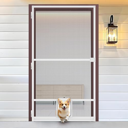 FOSLUOC Aluminum Screen Door Kit with Pet Door for Small Dogs & Cats - 39”W x 88”H Adjustable Frame Heavy-Duty Rust-Proof Mesh Door